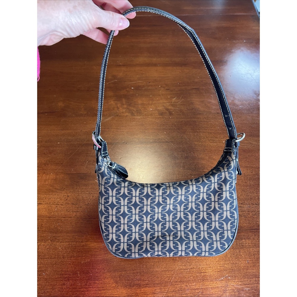 FOSSIL Signature Shoulder Bag Canvas Black Beige Jacquard Purse Y2k 90s‎ Vtg